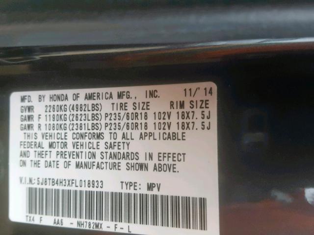 5J8TB4H3XFL018933 - 2015 ACURA RDX GRAY photo 10