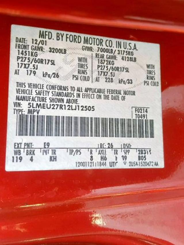 5LMEU27R12LJ12505 - 2002 LINCOLN NAVIGATOR 红色 照片 10