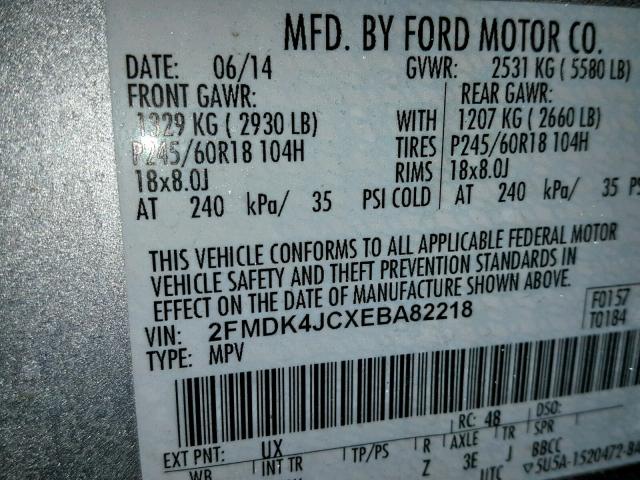 2FMDK4JCXEBA82218 - 2014 FORD EDGE SEL SILVER photo 10