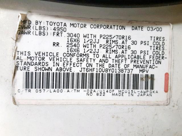 JT6HF10U8Y0138737 - 2000 LEXUS RX 300 WHITE photo 10