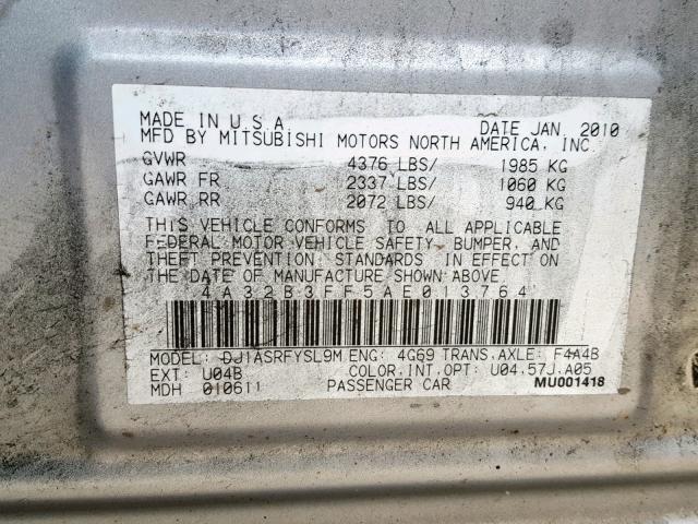 4A32B3FF5AE013764 - 2010 MITSUBISHI GALANT ES SILVER photo 10