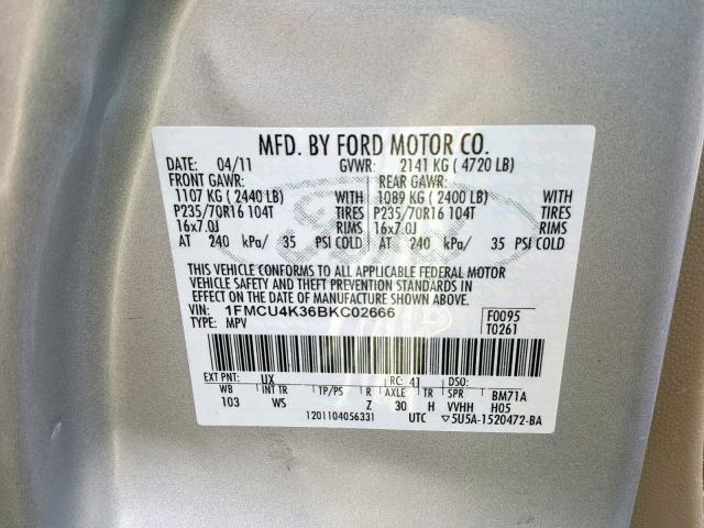 1FMCU4K36BKC02666 - 2011 FORD ESCAPE HYB SILVER photo 10