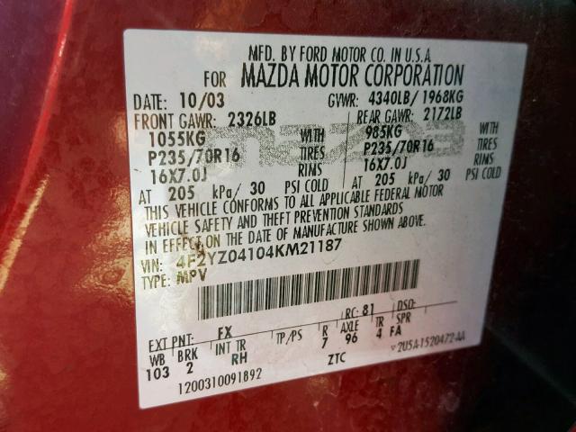 4F2YZ04104KM21187 - 2004 MAZDA TRIBUTE LX RED photo 10