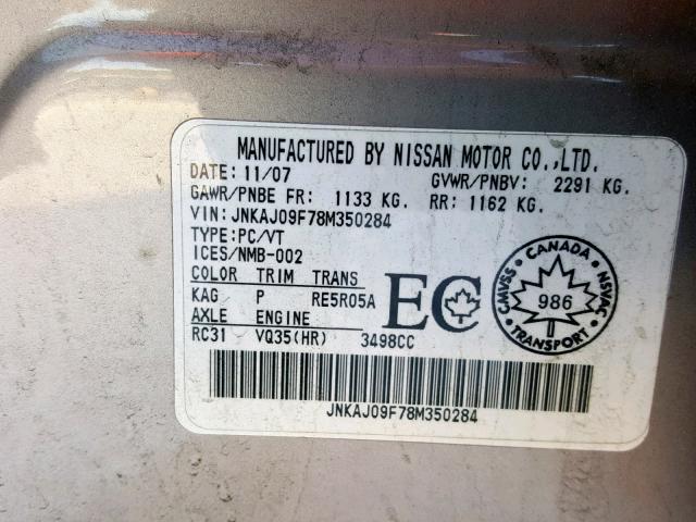 JNKAJ09F78M350284 - 2008 INFINITI EX35 BASE GRAY photo 10