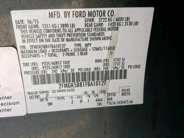 2FMGK5B81FBA10127 - 2015 FORD FLEX SE GRAY photo 10