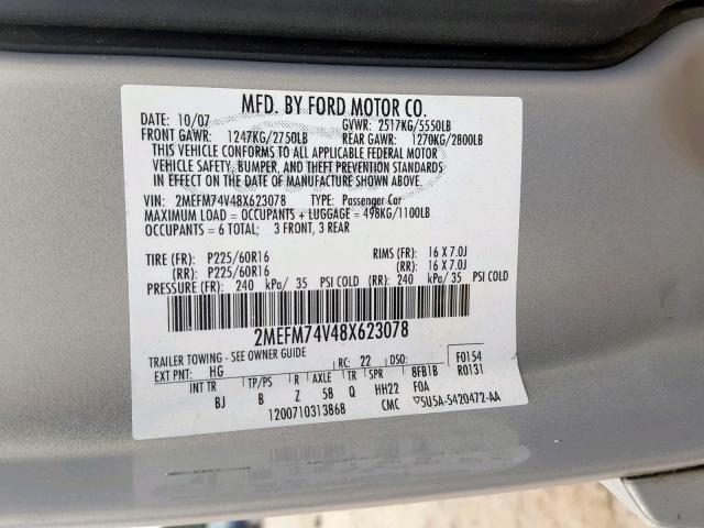 2MEFM74V48X623078 - 2008 MERCURY GRAND MARQ SILVER photo 10