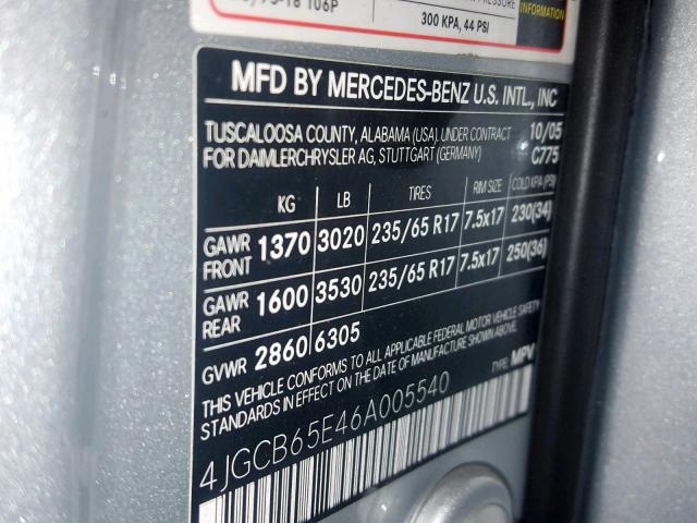 4JGCB65E46A005540 - 2006 MERCEDES-BENZ R 350 SILVER photo 10