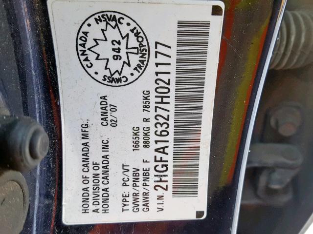 2HGFA16327H021177 - 2007 HONDA CIVIC DX BLUE photo 10