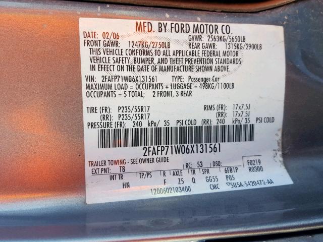 2FAFP71W06X131561 - 2006 FORD CROWN VICT SILVER photo 10