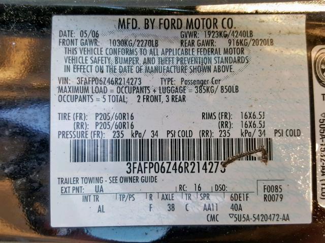 3FAFP06Z46R214273 - 2006 FORD FUSION S BLACK photo 10