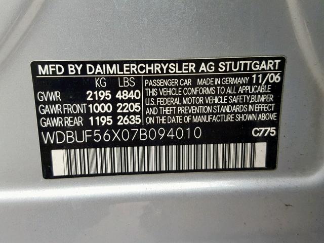 WDBUF56X07B094010 - 2007 MERCEDES-BENZ E 350 SILVER photo 10