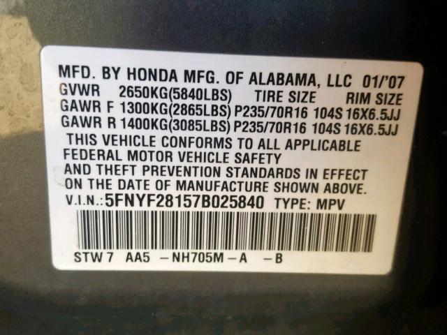 5FNYF28157B025840 - 2007 HONDA PILOT LX GRAY photo 10