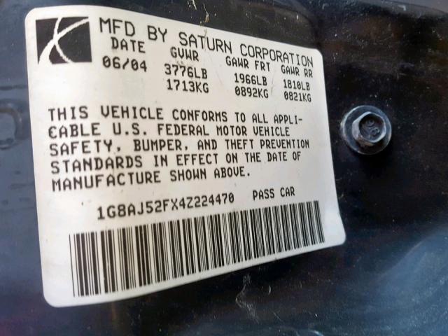 1G8AJ52FX4Z224470 - 2004 SATURN ION LEVEL BLACK photo 10