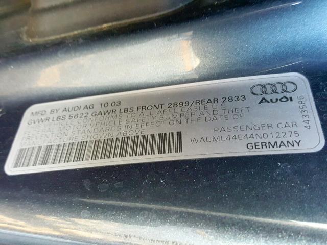 WAUML44E44N012275 - 2004 AUDI A8 L QUATT CHARCOAL photo 10