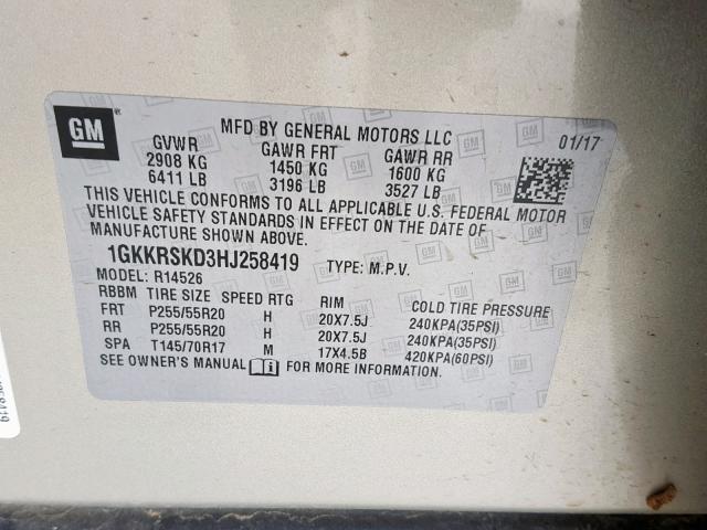 1GKKRSKD3HJ258419 - 2017 GMC ACADIA LIM GOLD photo 10