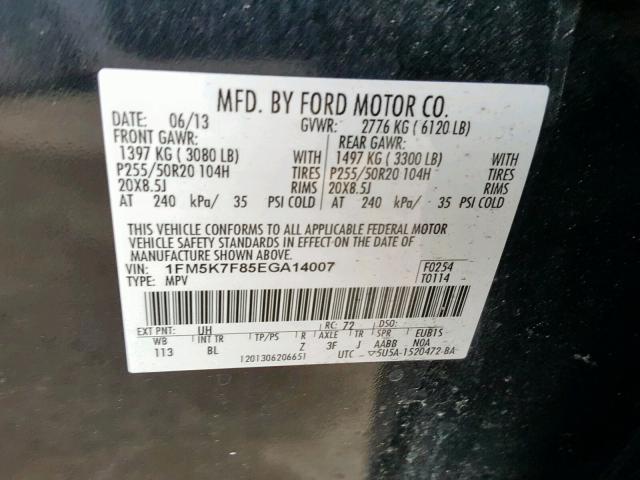 1FM5K7F85EGA14007 - 2014 FORD EXPLORER L BLACK photo 10