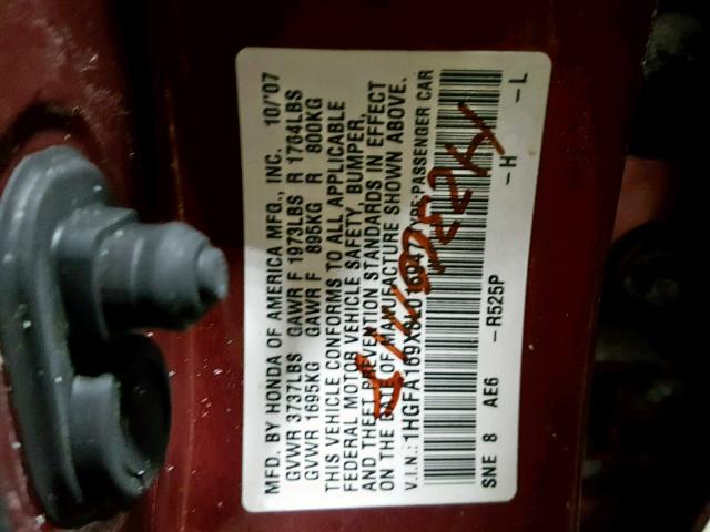 1HGFA169X8L016947 - 2008 HONDA CIVIC EXL 红色 照片 10