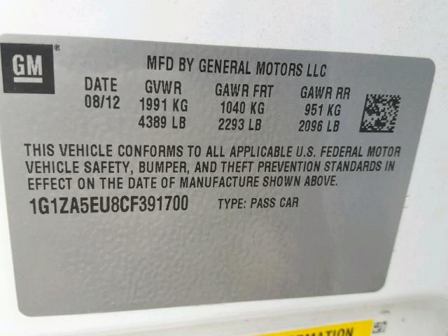 1G1ZA5EU8CF391700 - 2012 CHEVROLET MALIBU LS WHITE photo 10