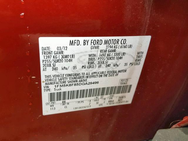 1FM5K8F85DGA29496 - 2013 FORD EXPLORER L RED photo 10