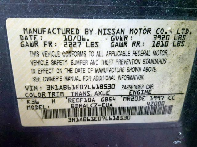 3N1AB61E07L618530 - 2007 NISSAN SENTRA 2.0 GRAY photo 10