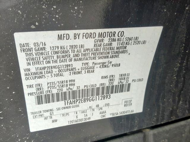 1FAHP2E89GG112893 - 2016 FORD TAURUS SEL BLACK photo 10