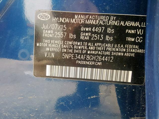 5NPE34AF8GH264412 - 2016 HYUNDAI SONATA SPO BLUE photo 10