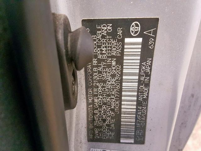 JTKDE177760139202 - 2006 TOYOTA SCION TC 银色 照片 10