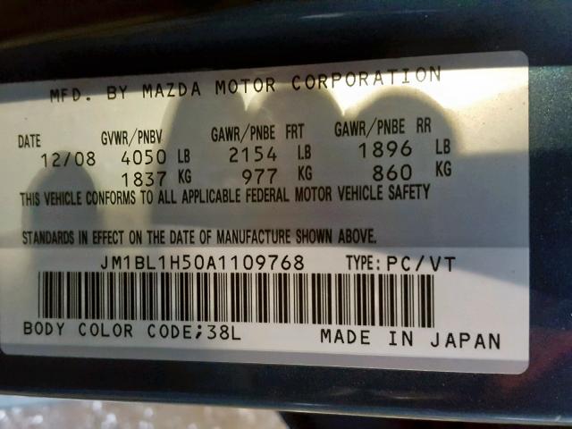 JM1BL1H50A1109768 - 2010 MAZDA 3 S BLUE photo 10