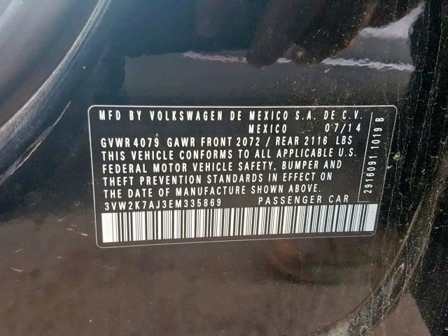 3VW2K7AJ3EM335869 - 2014 VOLKSWAGEN JETTA BASE 黑色 照片 10