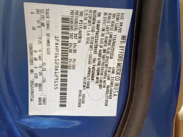 1FAHP56S23A129155 - 2003 FORD TAURUS SEL BLUE photo 10