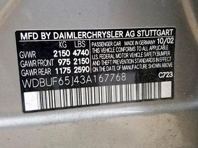 WDBUF65J43A167768 - 2003 MERCEDES-BENZ E 320 GRAY photo 10