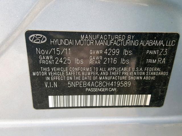 5NPEB4AC8CH419589 - 2012 HYUNDAI SONATA GLS BLUE photo 10