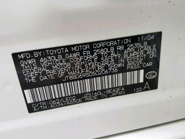 JT8BD69S050206736 - 2005 LEXUS GS 300 WHITE photo 10