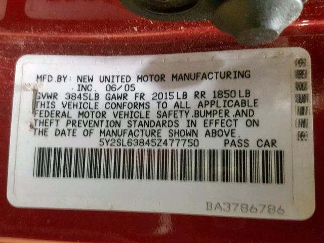 5Y2SL63845Z477750 - 2005 PONTIAC VIBE MAROON photo 10