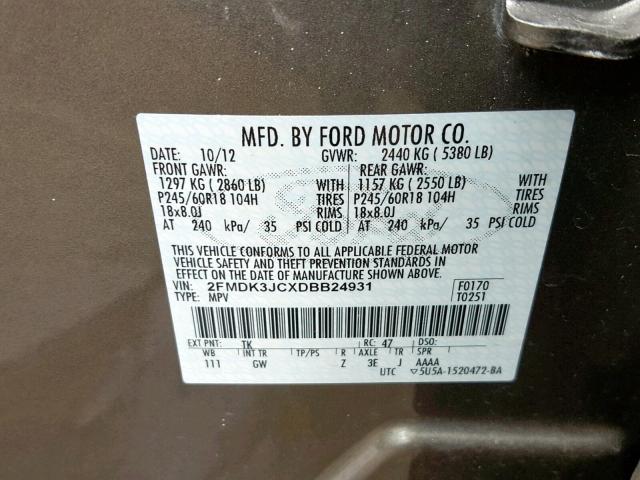 2FMDK3JCXDBB24931 - 2013 FORD EDGE SEL BROWN photo 10