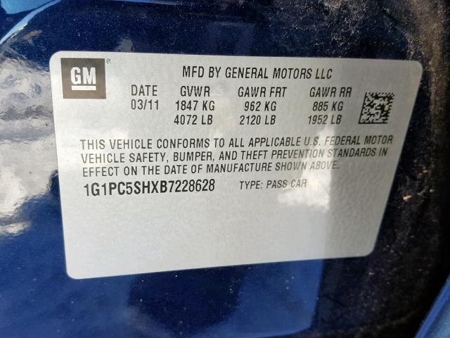 1G1PC5SHXB7228628 - 2011 CHEVROLET CRUZE LS BLUE photo 10