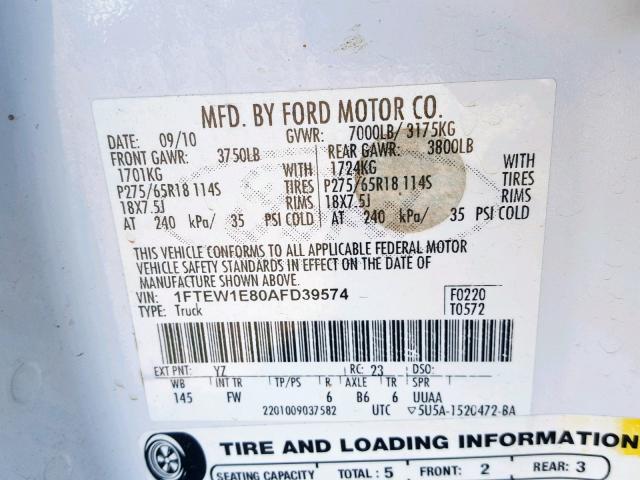 1FTEW1E80AFD39574 - 2010 FORD F150 SUPER WHITE photo 10