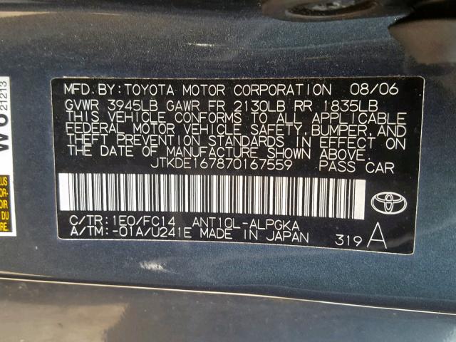 JTKDE167870167559 - 2007 TOYOTA SCION TC ნაცრისფერი ფოტო 10