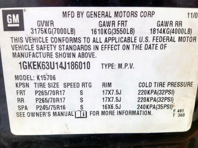 1GKEK63U14J186010 - 2004 GMC YUKON DENA BLACK photo 10