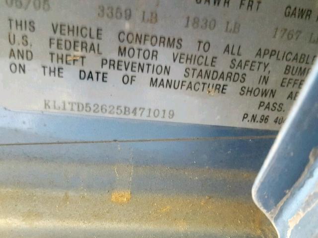 KL1TD52625B471019 - 2005 CHEVROLET AVEO BASE Mavi foto 10