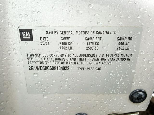 2G1WD58C689104822 - 2008 CHEVROLET IMPALA SUP ვერცხლისფერი ფოტო 10