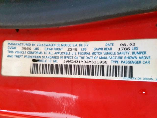 3VWCM31Y04M311936 - 2004 VOLKSWAGEN NEW BEETLE RED photo 10