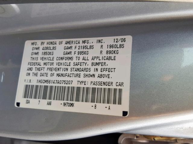 1HGCM56147A075207 - 2007 HONDA ACCORD VAL SILVER photo 10