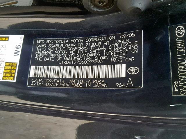 JTKDE177060093793 - 2006 TOYOTA SCION TC შავი ფოტო 10