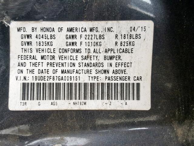 19UDE2F87GA009151 - 2016 ACURA ILX PREMIU CHARCOAL photo 10