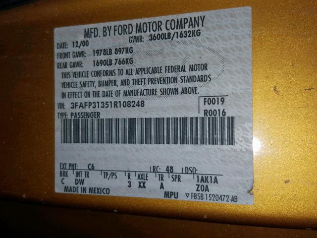 3FAFP31351R108248 - 2001 FORD FOCUS ZX3 YELLOW photo 10