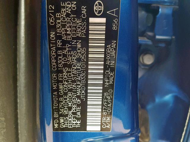 JTDKDTB33C1012535 - 2012 TOYOTA PRIUS C BLUE photo 10