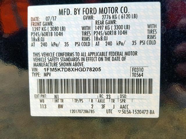 1FM5K7D8XHGD78205 - 2017 FORD EXPLORER X BLUE photo 10