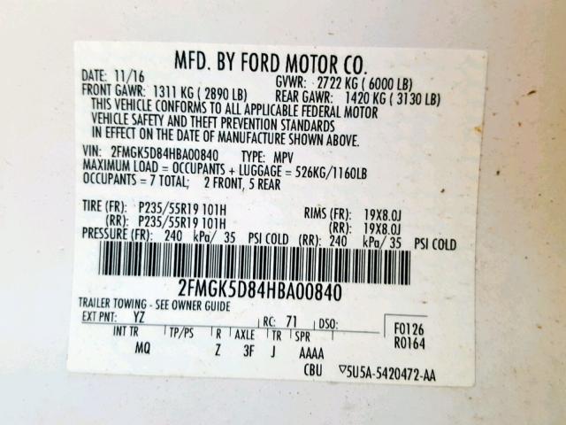 2FMGK5D84HBA00840 - 2017 FORD FLEX LIMIT WHITE photo 10