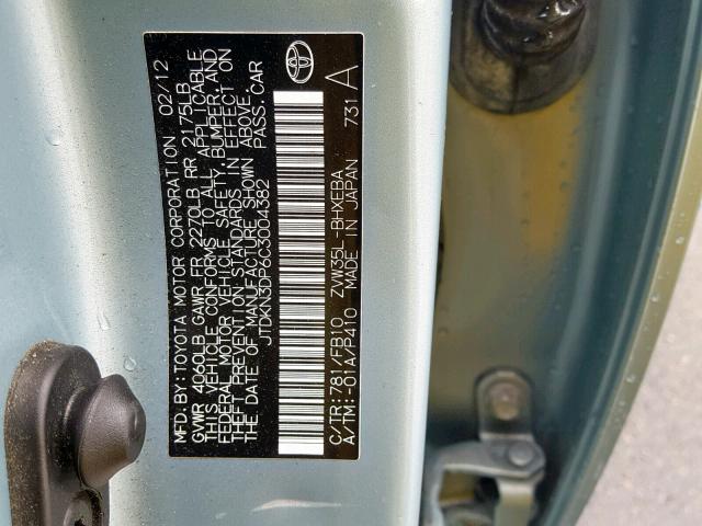 JTDKN3DP6C3004382 - 2012 TOYOTA PRIUS PLUG TURQUOISE photo 10